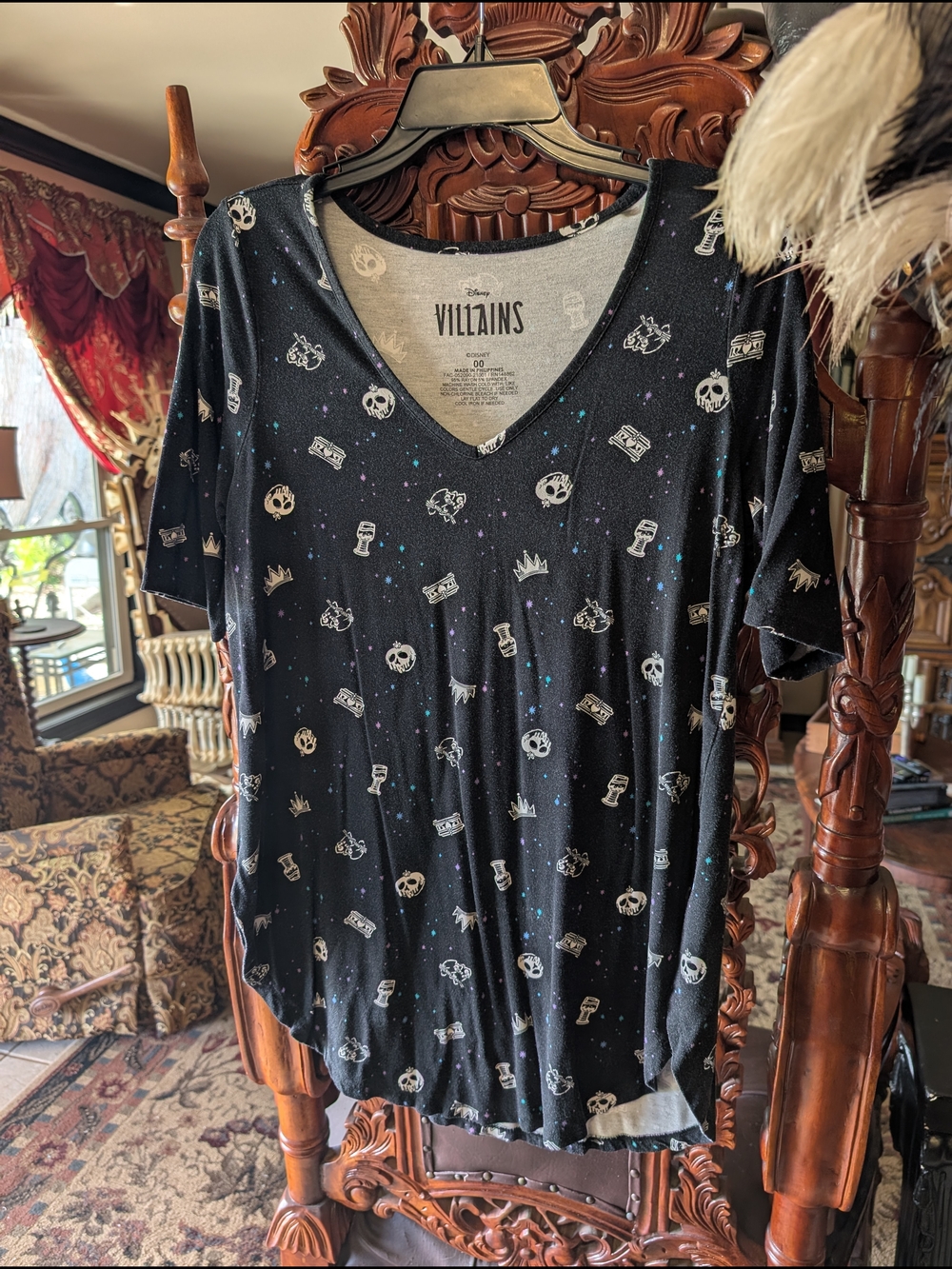 Disney Black V-Neck Short Sleeve Tee with Villain Icons